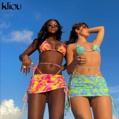 Bandage Halter Print Two Piece Backless Top+Drawstring Stacked Skirt Summer Outfit Set The Clothing Company Sydney