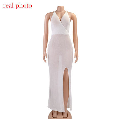 Crochet Beach Maxi See Through Plunge Backless Bandage Sleeveless Lacing Split Long Dresses The Clothing Company Sydney