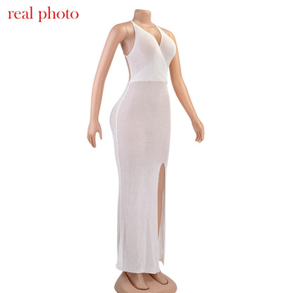 Crochet Beach Maxi See Through Plunge Backless Bandage Sleeveless Lacing Split Long Dresses The Clothing Company Sydney