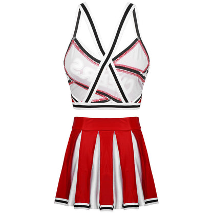 2 Piece Cheerleader Costume Cosplay Elastic Striped Shoulder Straps Back Cross Crop Top with High Waist Pleated Skirt The Clothing Company Sydney