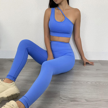 2 Piece Slant Shoulder Yoga Sports Fitness Yoga Suit Running Suit Women Sports Bra & High Waist Leggings Set The Clothing Company Sydney