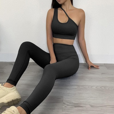 2 Piece Slant Shoulder Yoga Sports Fitness Yoga Suit Running Suit Women Sports Bra & High Waist Leggings Set The Clothing Company Sydney