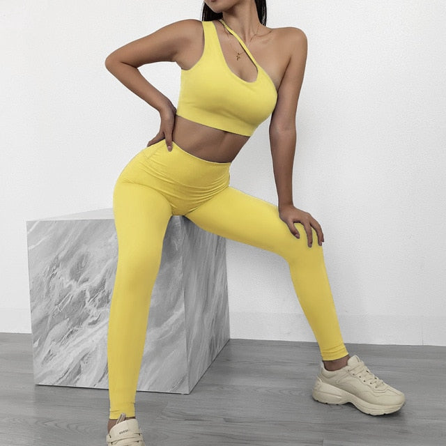 2 Piece Slant Shoulder Yoga Sports Fitness Yoga Suit Running Suit Women Sports Bra & High Waist Leggings Set The Clothing Company Sydney