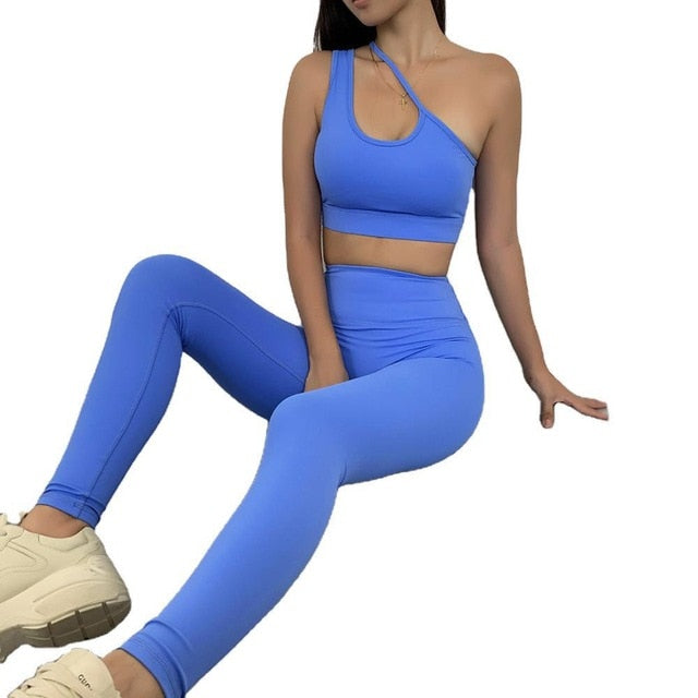 2 Piece Slant Shoulder Yoga Sports Fitness Yoga Suit Running Suit Women Sports Bra & High Waist Leggings Set The Clothing Company Sydney