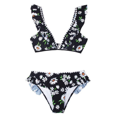 Black Floral Ruffled V-neck Bikini Sets Swimsuit Lace Up Two Pieces Swimwear Beach Bathing Suits The Clothing Company Sydney