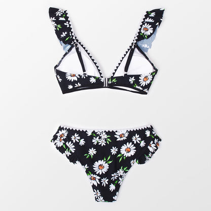 Black Floral Ruffled V-neck Bikini Sets Swimsuit Lace Up Two Pieces Swimwear Beach Bathing Suits The Clothing Company Sydney