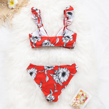 Black Floral Ruffled V-neck Bikini Sets Swimsuit Lace Up Two Pieces Swimwear Beach Bathing Suits The Clothing Company Sydney