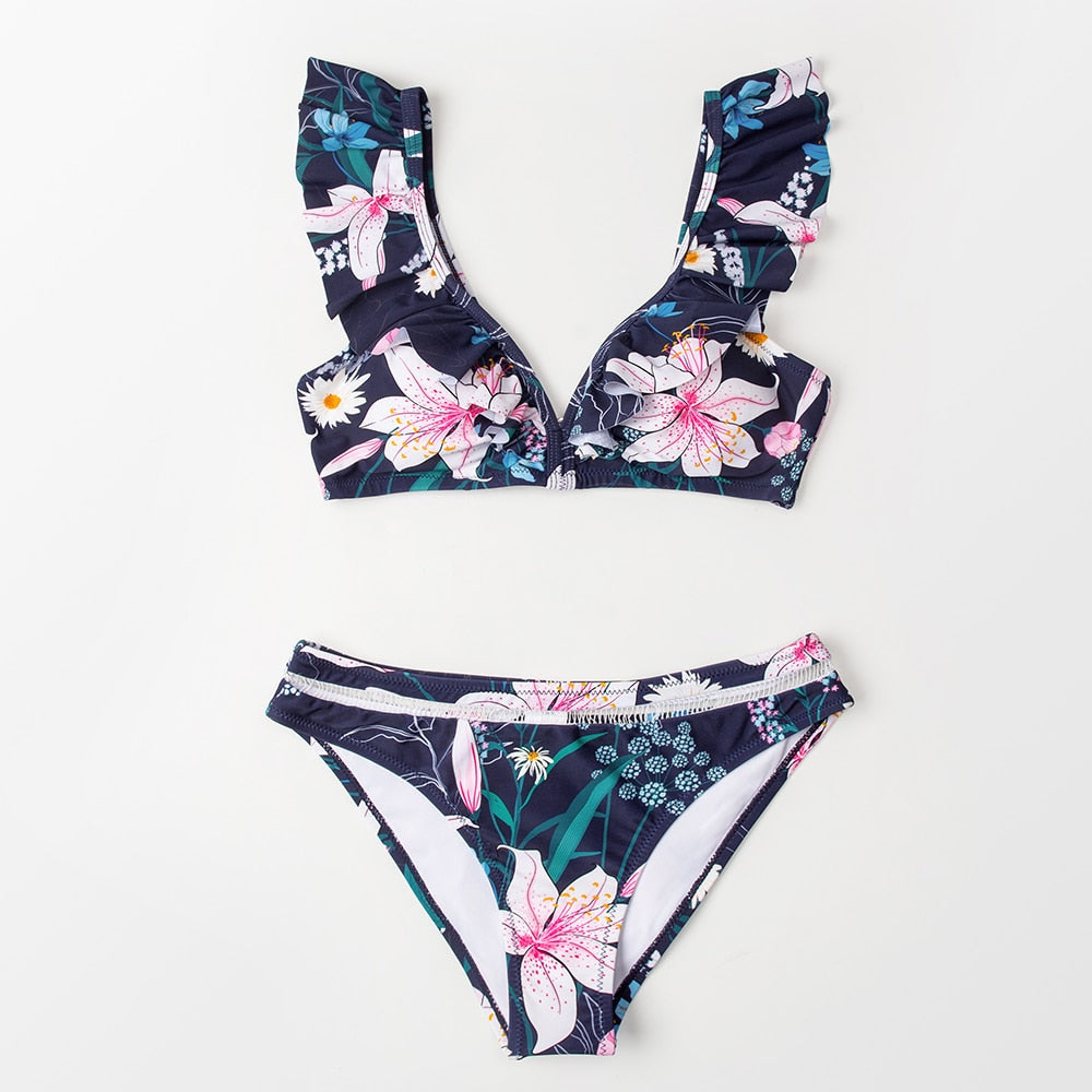 Black Floral Ruffled V-neck Bikini Sets Swimsuit Lace Up Two Pieces Swimwear Beach Bathing Suits The Clothing Company Sydney