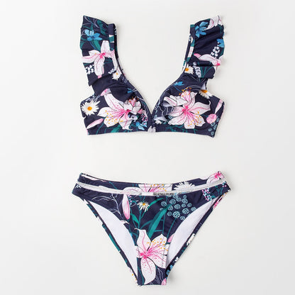 Black Floral Ruffled V-neck Bikini Sets Swimsuit Lace Up Two Pieces Swimwear Beach Bathing Suits The Clothing Company Sydney