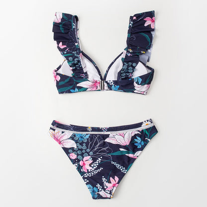 Black Floral Ruffled V-neck Bikini Sets Swimsuit Lace Up Two Pieces Swimwear Beach Bathing Suits The Clothing Company Sydney