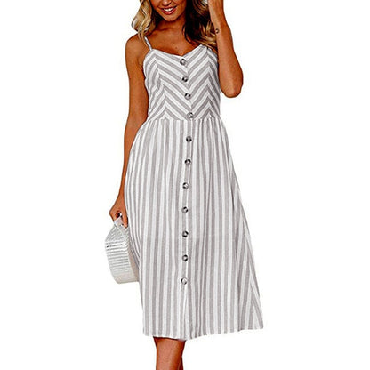 Vintage Casual Sundress Beach Midi Button Backless Polka Dot Striped Summer Boho Sexy Floral Dress - The Clothing Company Sydney