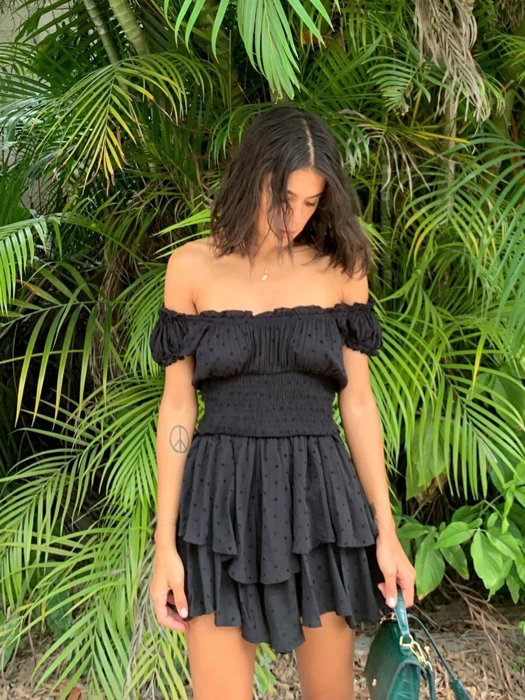 Boho Inspired shirred ruffled neckline tiered mini summer dress rayon cute puff sleeve boho dress The Clothing Company Sydney