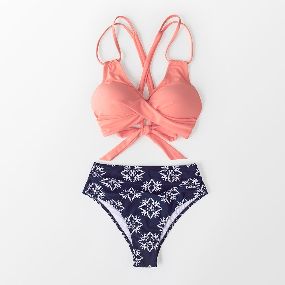Tropical Palms Twist-Front High-Waisted Bikini Sexy Lace Up Swimsuit Two Piece Swimwear Beach Bathing Suit The Clothing Company Sydney