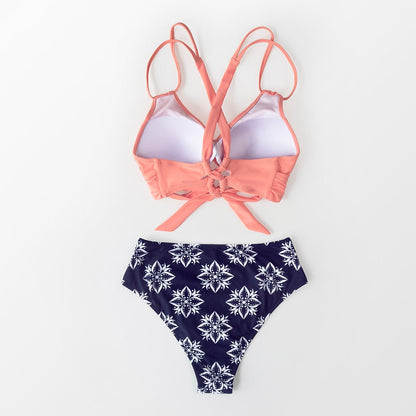 Tropical Palms Twist-Front High-Waisted Bikini Sexy Lace Up Swimsuit Two Piece Swimwear Beach Bathing Suit The Clothing Company Sydney