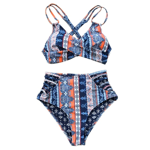 Tropical Palms Twist-Front High-Waisted Bikini Sexy Lace Up Swimsuit Two Piece Swimwear Beach Bathing Suit The Clothing Company Sydney