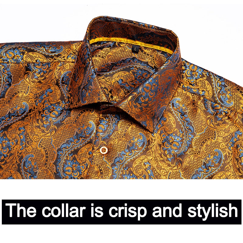 Blue Men's Shirts Paisley Floral Silk Gold Long Sleeve Casual Shirt Business Party Wedding Dress Shirt The Clothing Company Sydney