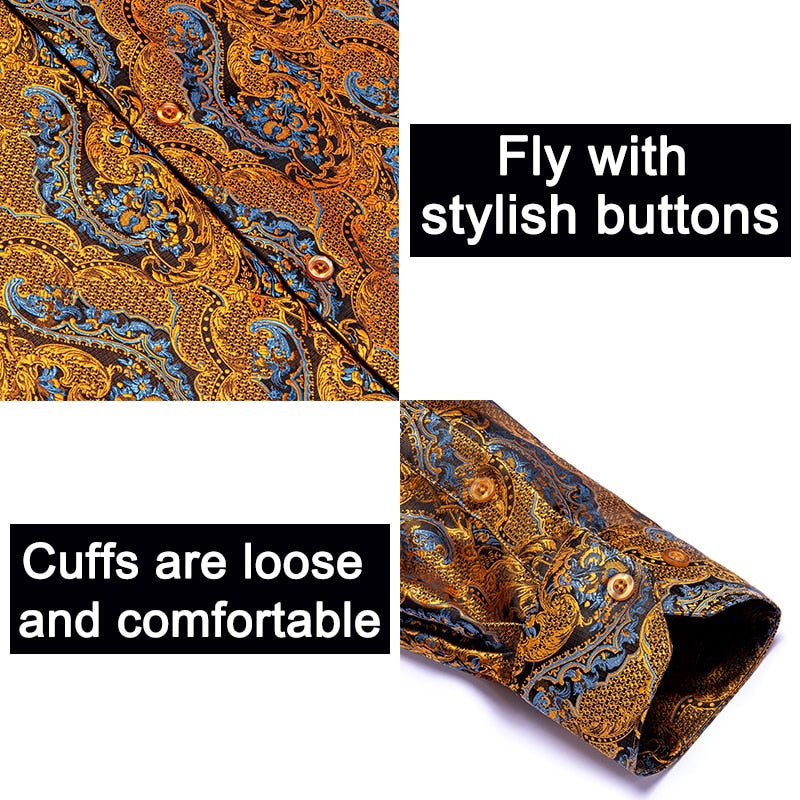 Blue Men's Shirts Paisley Floral Silk Gold Long Sleeve Casual Shirt Business Party Wedding Dress Shirt The Clothing Company Sydney