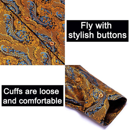 Blue Men's Shirts Paisley Floral Silk Gold Long Sleeve Casual Shirt Business Party Wedding Dress Shirt The Clothing Company Sydney