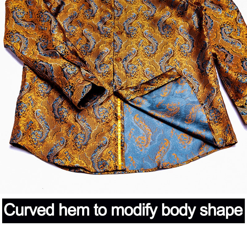 Blue Men's Shirts Paisley Floral Silk Gold Long Sleeve Casual Shirt Business Party Wedding Dress Shirt The Clothing Company Sydney