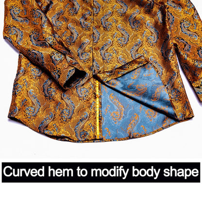 Blue Men's Shirts Paisley Floral Silk Gold Long Sleeve Casual Shirt Business Party Wedding Dress Shirt The Clothing Company Sydney