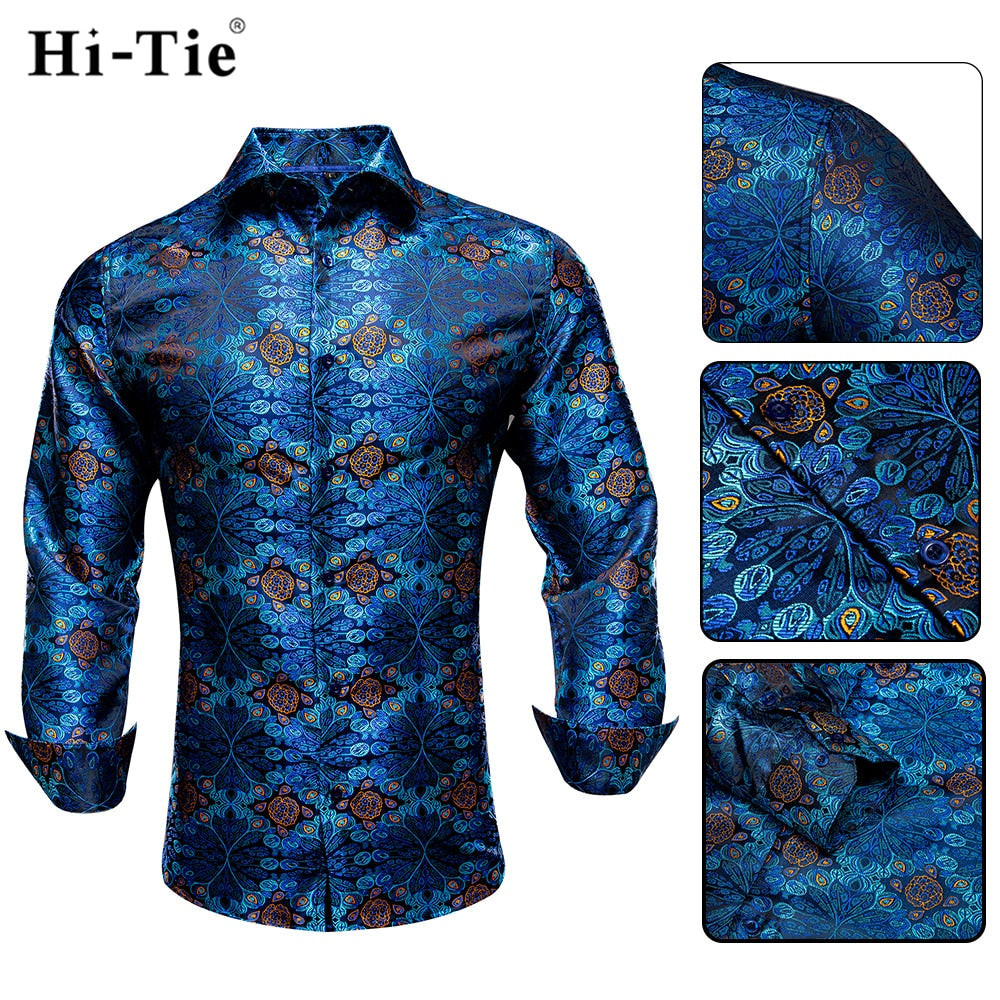 Blue Men's Shirts Paisley Floral Silk Gold Long Sleeve Casual Shirt Business Party Wedding Dress Shirt The Clothing Company Sydney