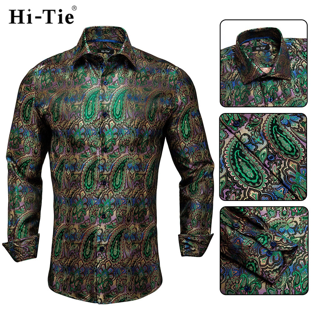 Blue Men's Shirts Paisley Floral Silk Gold Long Sleeve Casual Shirt Business Party Wedding Dress Shirt The Clothing Company Sydney