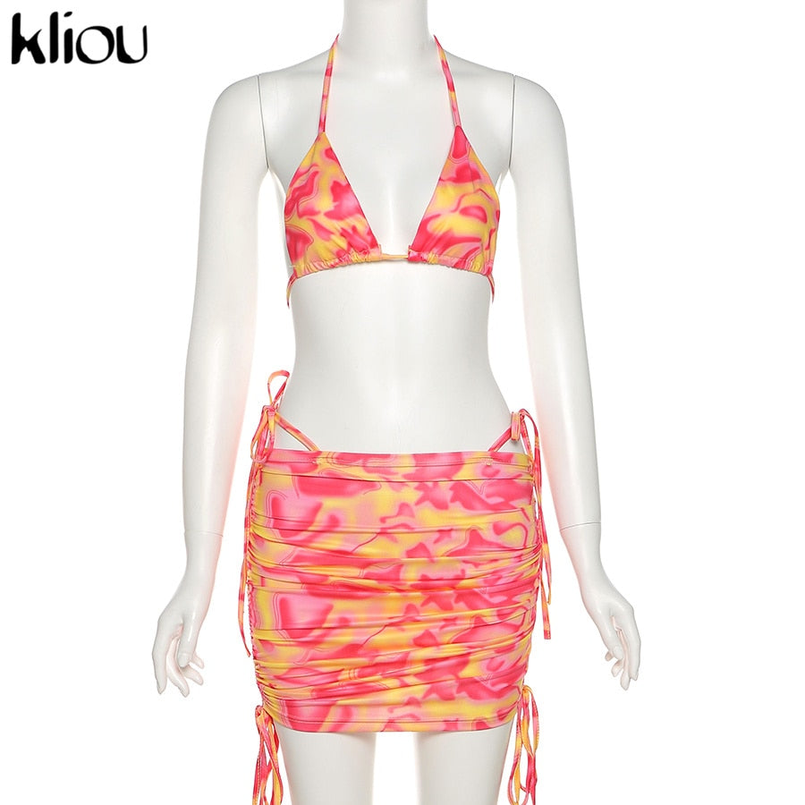 Bandage Halter Print Two Piece Backless Top+Drawstring Stacked Skirt Summer Outfit Set The Clothing Company Sydney
