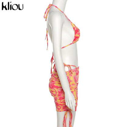 Bandage Halter Print Two Piece Backless Top+Drawstring Stacked Skirt Summer Outfit Set The Clothing Company Sydney
