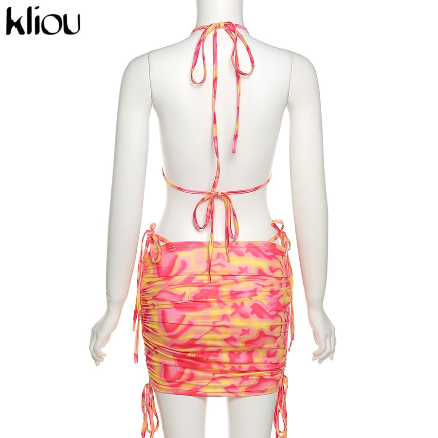 Bandage Halter Print Two Piece Backless Top+Drawstring Stacked Skirt Summer Outfit Set The Clothing Company Sydney