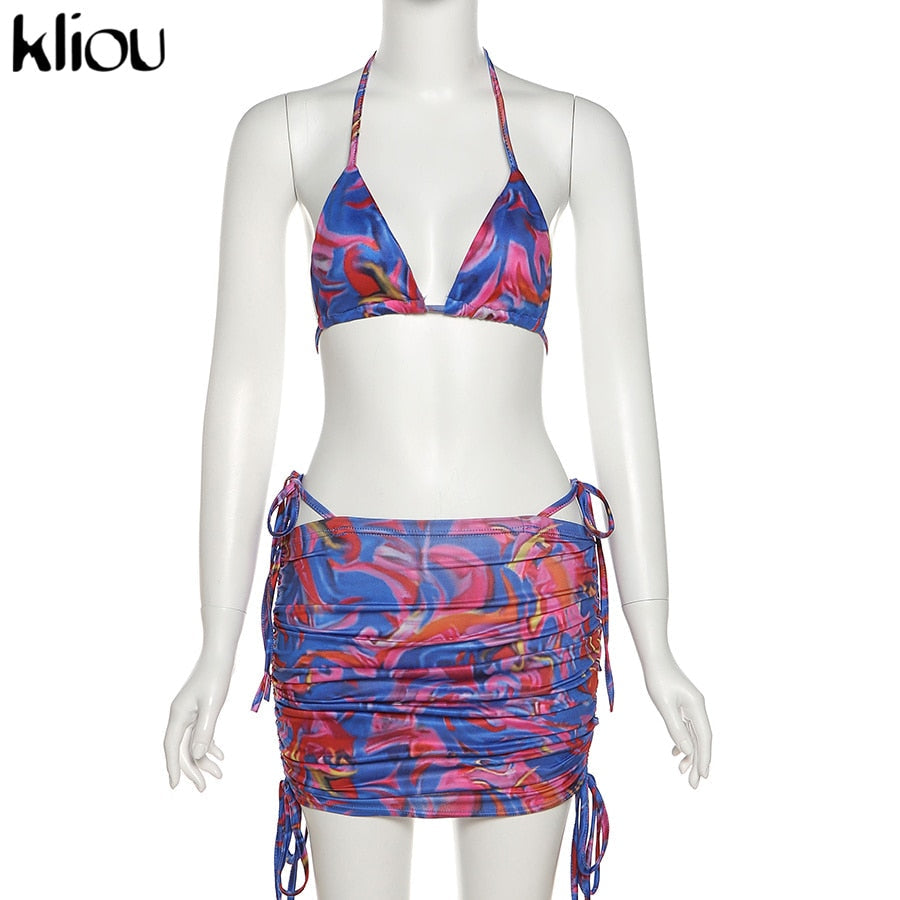 Bandage Halter Print Two Piece Backless Top+Drawstring Stacked Skirt Summer Outfit Set The Clothing Company Sydney