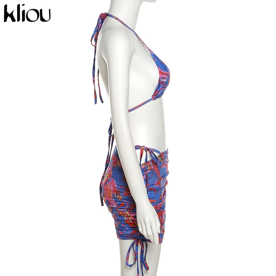 Bandage Halter Print Two Piece Backless Top+Drawstring Stacked Skirt Summer Outfit Set The Clothing Company Sydney