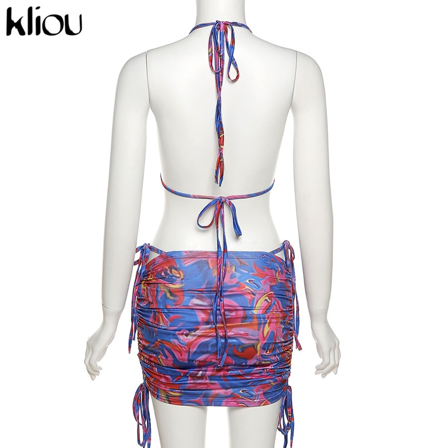 Bandage Halter Print Two Piece Backless Top+Drawstring Stacked Skirt Summer Outfit Set The Clothing Company Sydney