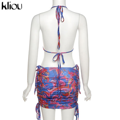 Bandage Halter Print Two Piece Backless Top+Drawstring Stacked Skirt Summer Outfit Set The Clothing Company Sydney