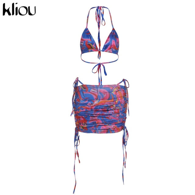 Bandage Halter Print Two Piece Backless Top+Drawstring Stacked Skirt Summer Outfit Set The Clothing Company Sydney