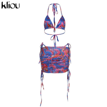 Bandage Halter Print Two Piece Backless Top+Drawstring Stacked Skirt Summer Outfit Set The Clothing Company Sydney
