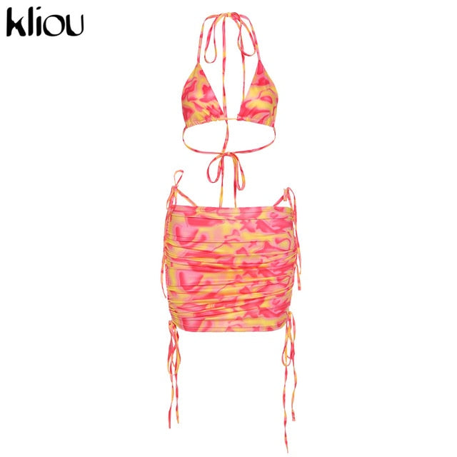 Bandage Halter Print Two Piece Backless Top+Drawstring Stacked Skirt Summer Outfit Set The Clothing Company Sydney