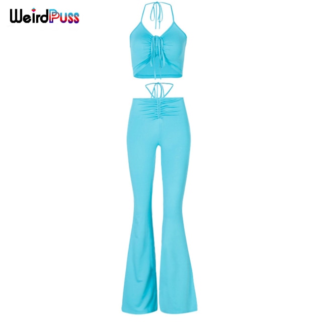 2 Piece Halter bandage v-neck sleeveless ruched tops sweatpants matching clubwear stretchy skinny bodycon Set The Clothing Company Sydney