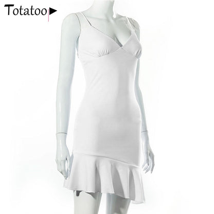 Elegant V Neck Ruffles Strap Bodycon Summer Sleeveless Office Lady Vintage Party White Dress The Clothing Company Sydney