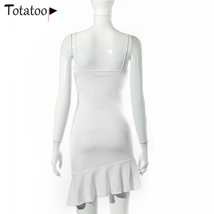 Elegant V Neck Ruffles Strap Bodycon Summer Sleeveless Office Lady Vintage Party White Dress The Clothing Company Sydney