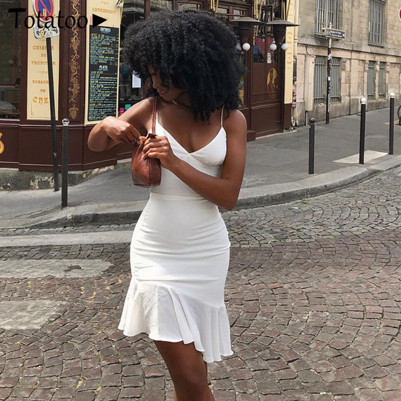 Elegant V Neck Ruffles Strap Bodycon Summer Sleeveless Office Lady Vintage Party White Dress The Clothing Company Sydney