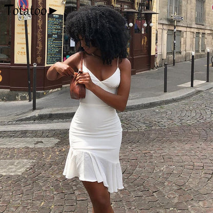 Elegant V Neck Ruffles Strap Bodycon Summer Sleeveless Office Lady Vintage Party White Dress The Clothing Company Sydney