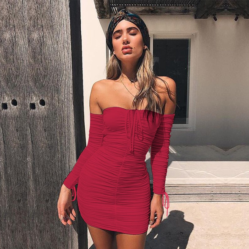 Autumn Winter Bandage Off Shoulder Long Sleeve Slim Elastic Bodycon Party Dresses The Clothing Company Sydney