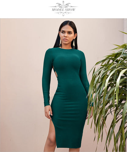 Winter Long Sleeve Green Runway Bandage Hollow Out Backless Club Celebrity Evening Party Dresses The Clothing Company Sydney
