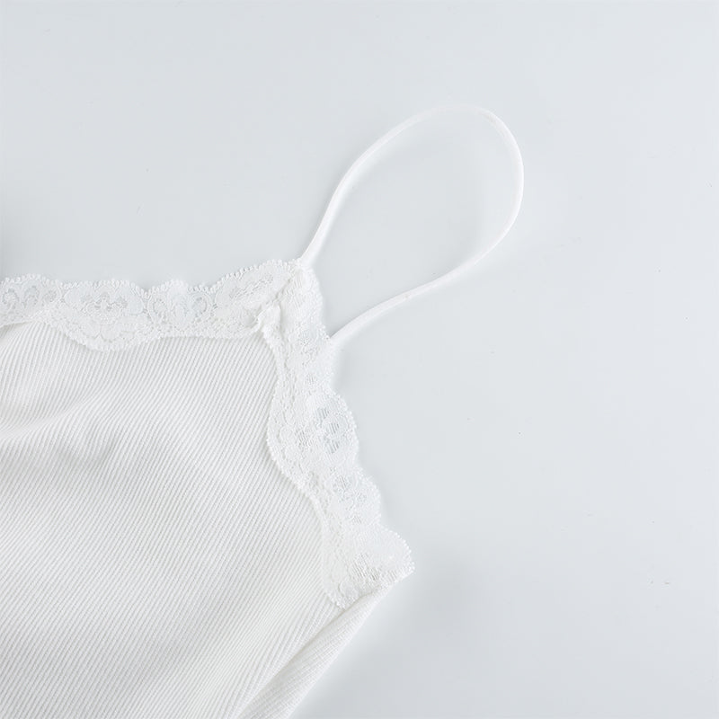 Streetwear Lace Patchwork Summer White Tank Top Y2K Leisure Outfit Basic Casual Crop Top The Clothing Company Sydney