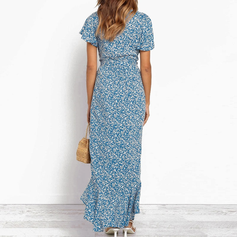Summer Long Maxi Casual Boho Floral Print Beach V-Neck Ruffle Bodycon Wrap High Slit Party Dress The Clothing Company Sydney