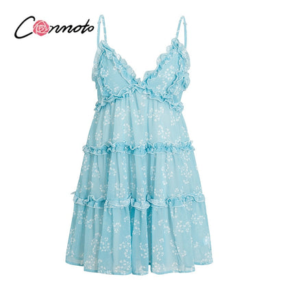 Boho summer Floral print ruffle Spaghetti a-line sexy Ruffle v-neck mini holiday Beachwear dress The Clothing Company Sydney