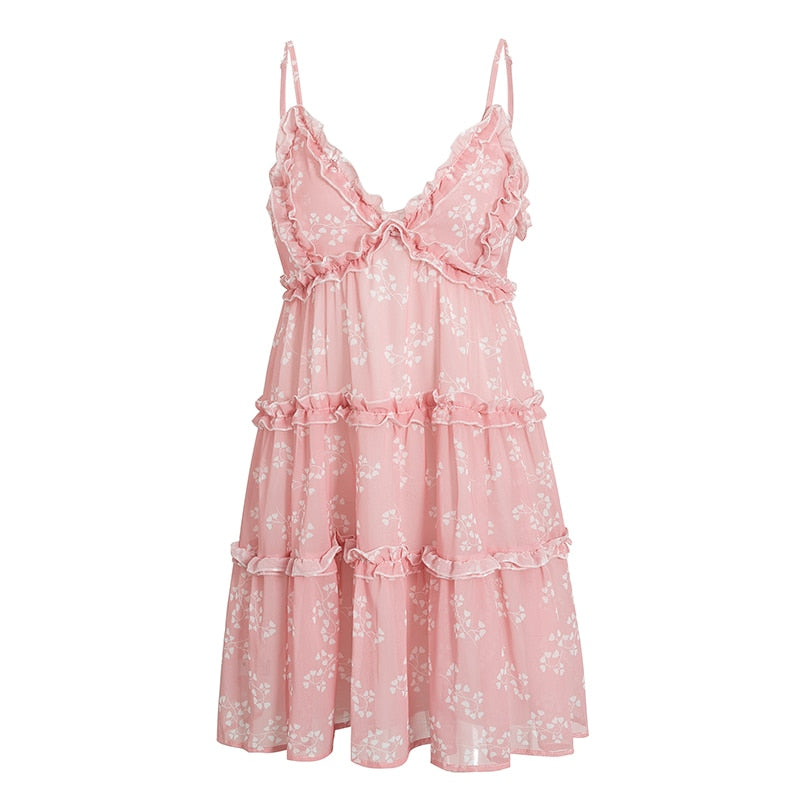 Boho summer Floral print ruffle Spaghetti a-line sexy Ruffle v-neck mini holiday Beachwear dress The Clothing Company Sydney