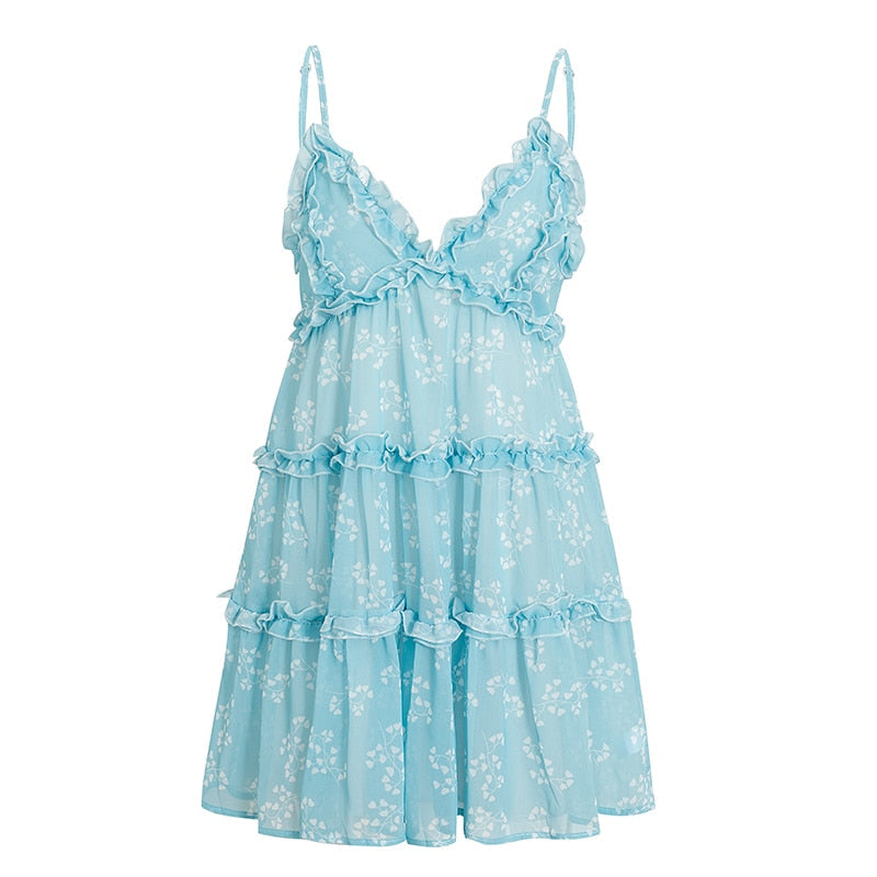 Boho summer Floral print ruffle Spaghetti a-line sexy Ruffle v-neck mini holiday Beachwear dress The Clothing Company Sydney