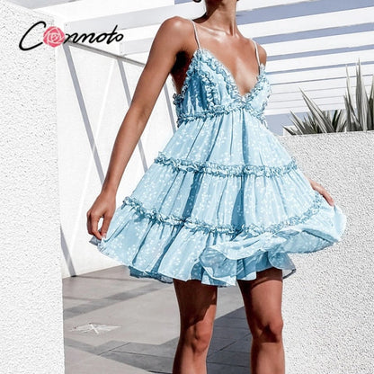 Boho summer Floral print ruffle Spaghetti a-line sexy Ruffle v-neck mini holiday Beachwear dress The Clothing Company Sydney