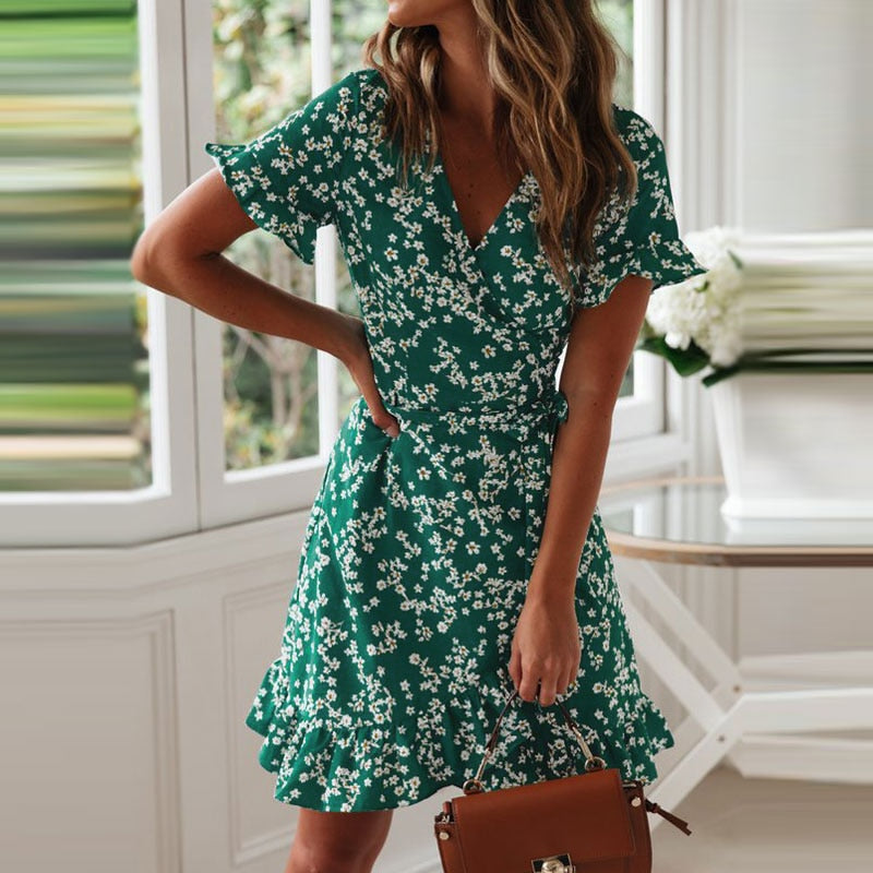Bohemian Summer Boho Floral Print Casual Beach V-Neck Wrap Bodycon Mini Dress Ruffles Sundress The Clothing Company Sydney